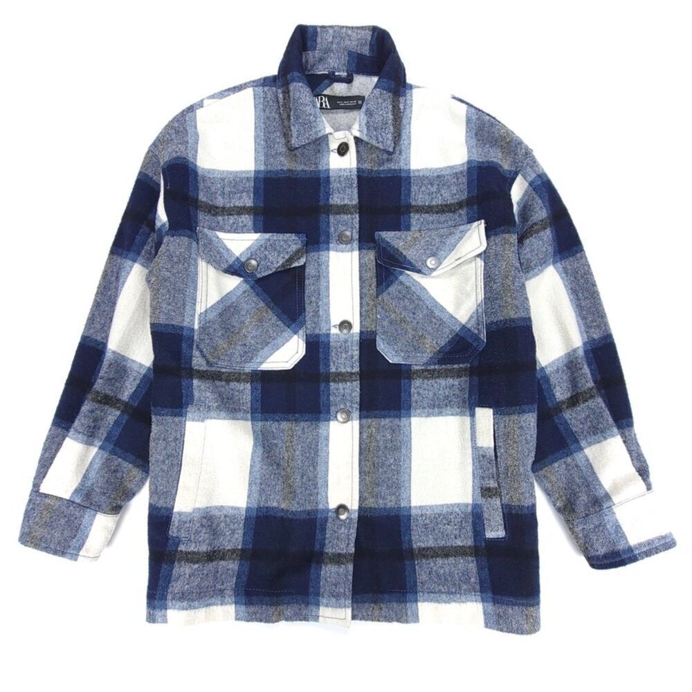 ZARA Wool Buffalo Plaid Oversized Button Down Shirt Jacket Shacket Western Boho